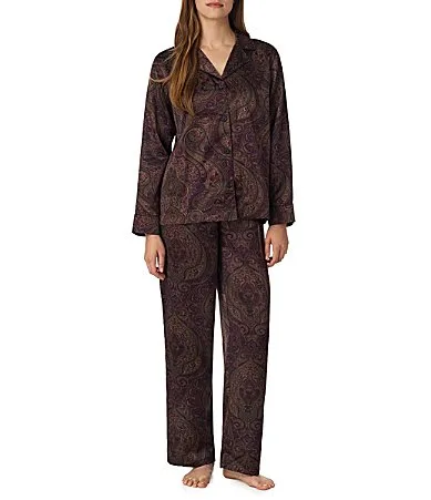 Paisley Print Sateen Long Sleeve Notch Collar Long Pajama Set