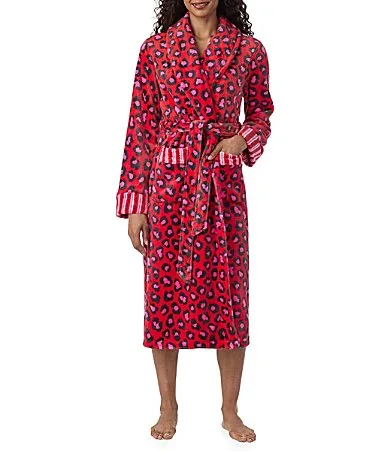 Wild Spots Print Long Sleeve Shawl Collar Chenille Long Robe