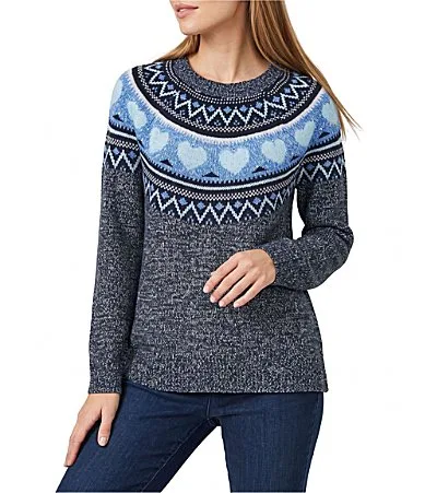 Heart Pattern Long Sleeve Crew Neck Rib Trim Sweater by Allison Daley