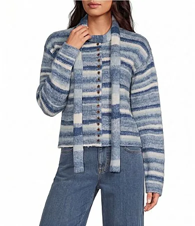 Aurora Striped Round Neck Long Sleeve Scarf Button Front Cardigan by Gianni Bini