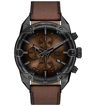 Spiked Chronograph Leather Strap Watch by Diesel