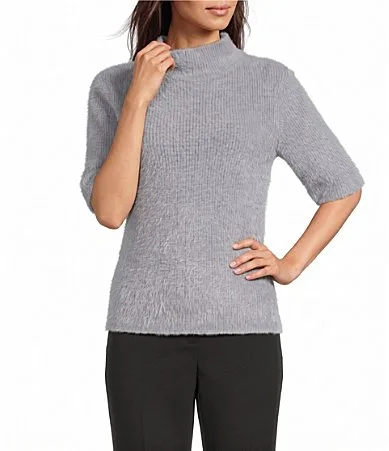Ribbed Knit Mock Neck Short Sleeve Sweater Top by Donna Karan