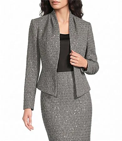 Metallic Tweed V-Neck Long Sleeve Peplum Jacket by Donna Karan