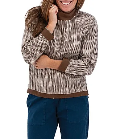 Lorenza Yarn Knit Two Tone Herringbone Mock Neck Long Sleeve Sweater by Aventura
