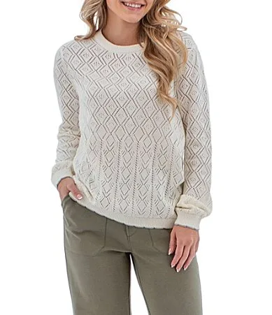 Windsong Diamond Vertical Stripe Pointelle Crew Neck Long Sleeve Sweater by Aventura