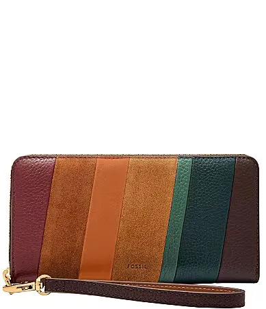Logan RFID Patchwork Suede Leather Zip Around Clutch by Fossil
