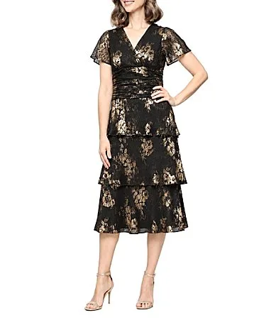 Short Sleeve V-Neck Tiered Floral Midi Dress by Ignite Evenings