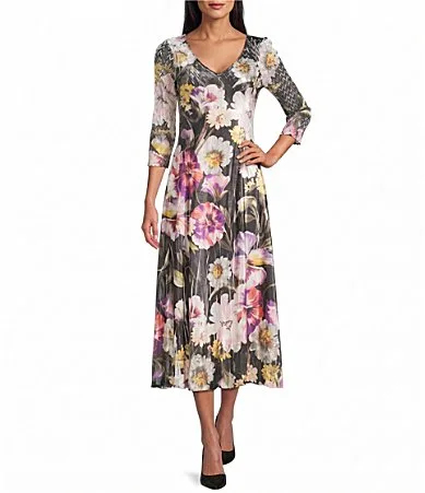 Pleated V-Neck Lace Sleeve Dress by Komarov