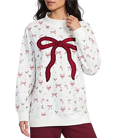 Long Sleeve Bow Reindeer Oversized Sweatshirt