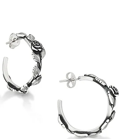 Long Stemmed Rose Sterling Silver Hoop Earrings