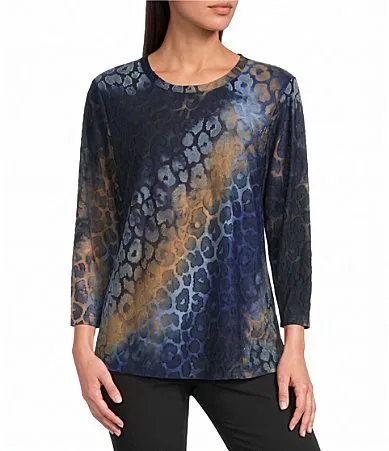 Animal Burnout Tie Dye Knit Crew Neck 3/4 Sleeve Top by Calessa