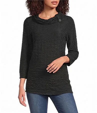 Textured Knit Cowl Neck 3/4 Sleeve Top