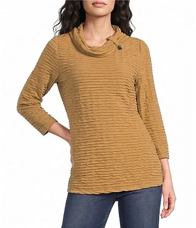 Textured Knit Cowl Neck 3/4 Sleeve Top