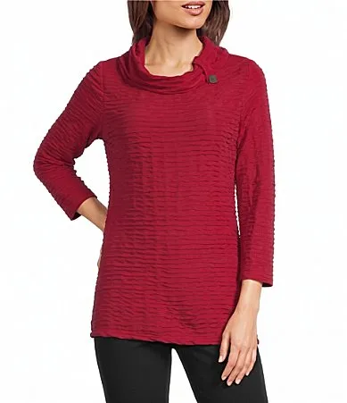 Textured Knit Cowl Neck 3/4 Sleeve Top