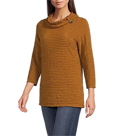 Textured Knit Cowl Neck 3/4 Sleeve Top