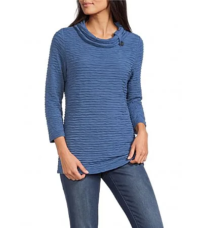 Textured Knit Cowl Neck 3/4 Sleeve Top
