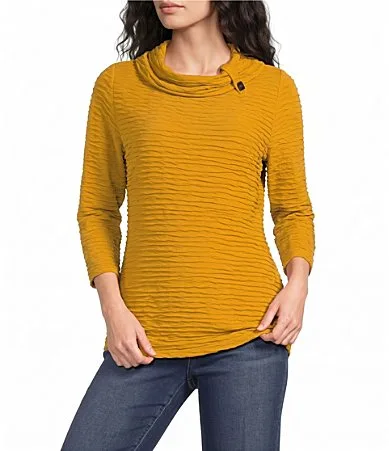 Textured Knit Cowl Neck 3/4 Sleeve Top