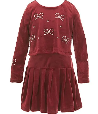 Velvet Long Sleeve Pearl Bow Pleated Drop Waist Dress by Sara Sara