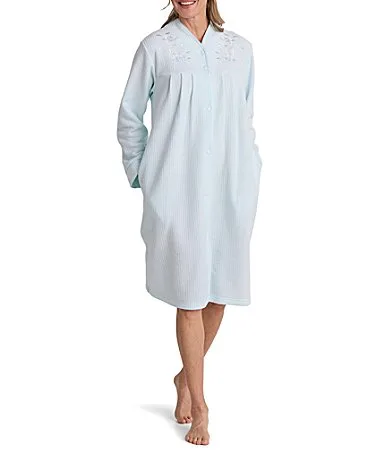 Solid V-Neck Long Sleeve Brushed Back Terry Knit Short Snap Robe by Miss Elaine