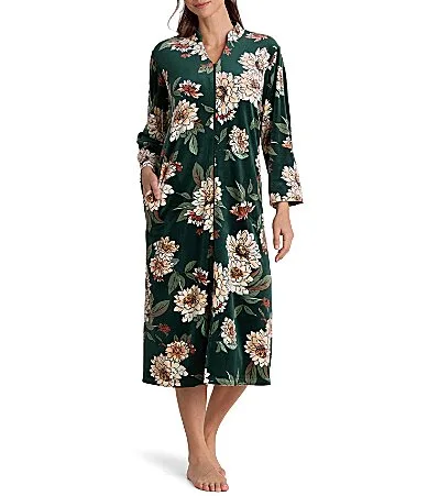 Emerald Blooms Print Long Sleeve V-Neck Fleece Luxe Knit Long Zip Robe