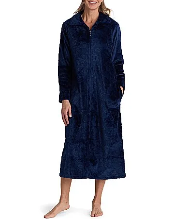 Solid Long Sleeve Funnel Neck Fleece French Terry Knit Long Zip Robe by Miss Elaine