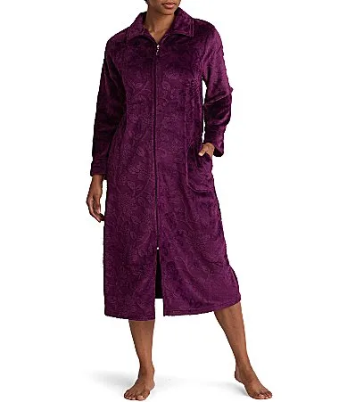 Solid Long Sleeve Funnel Neck Fleece French Terry Knit Long Zip Robe