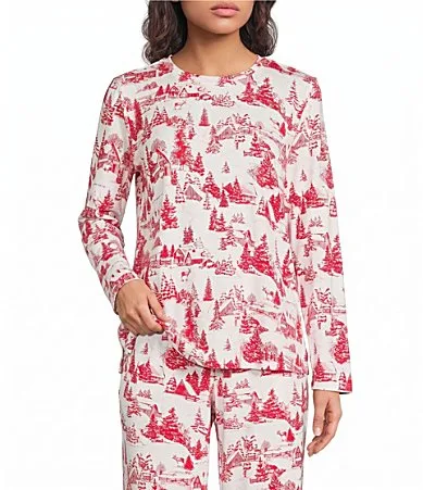 Winter Toile Print Knit Long Sleeve Crew Neck Coordinating Sleep Top by Sleep Sense