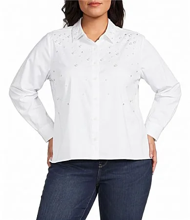 Jodie Pearl Rhinestone Point Collar Long Sleeve Button Front Shirt by Foxcroft