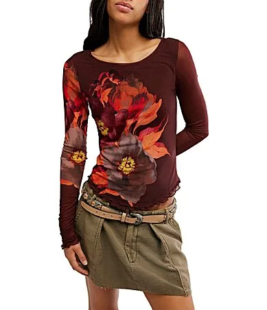 Lilly Floral Printed Boat Neck Long Sleeve Mesh Top