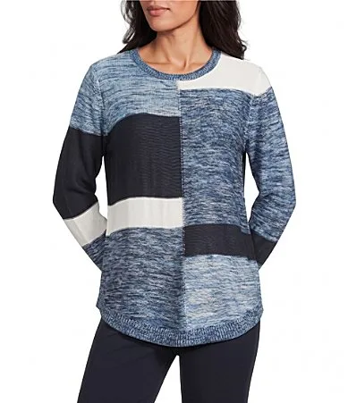 Blue Colorblock Long Sleeve Crew Neck Sweater by Allison Daley