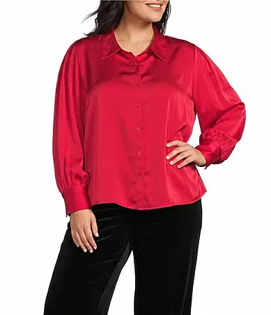 Long Cuffed Sleeve Point Collar Button Down Satin Top