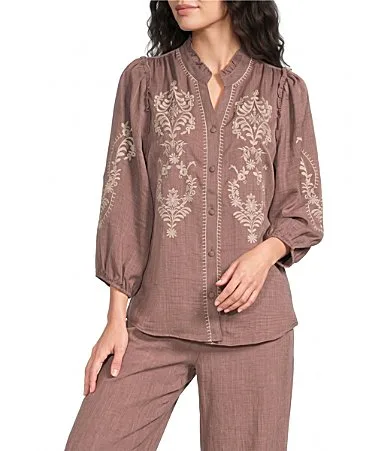 Embroidered Ruffle Trim Mandarin Collar 34 Puff Sleeve Button-Front Top