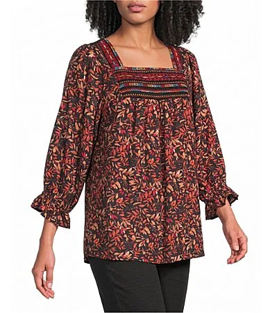Leaf Print Embroidered Square Neck Elbow Sleeve Coordinating Tunic by Calessa