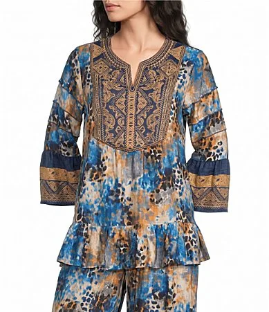 Animal Tie Dye Print Embroidered Bib Split V-Neck 34 Bell Sleeve Tunic