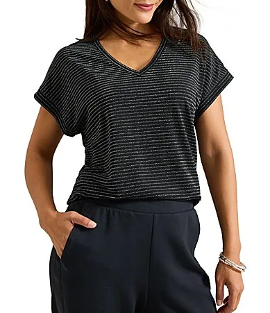 Kauai Jersey Knit Lurex Stripe V-Neck Short Sleeve Tee Shirt by Tommy Bahama