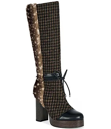 Mara Houndstooth Spotted Faux Fur Cap Toe Block Heel Platform Tall Boots by Azalea Wang
