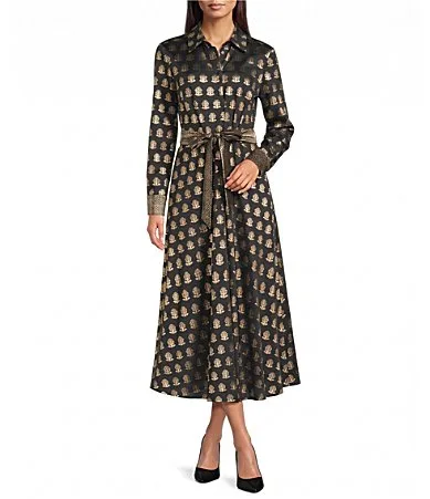 Kitty Foulard Border Black Gold Print Point Collar Long Sleeve Button Front Tie Waist Midi Dress by Jude Connally