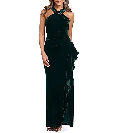 Velvet Criss Cross Halter Side Ruffle Gown by Xscape