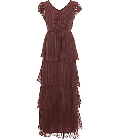 Flutter-Sleeve Solid Satin Ruffle-Tier Dress by Allison & Kelly