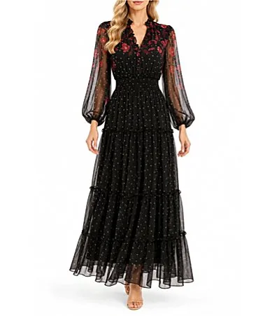 Printed Chiffon Button Front Tiered Maxi Dress by Moda Tara