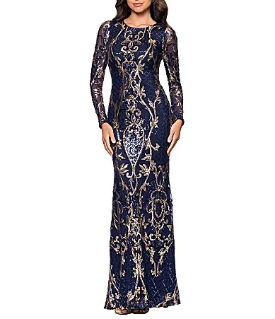 Sequin Crew Neck Long Illusion Sleeve Sheath Gown by Betsy & Adam