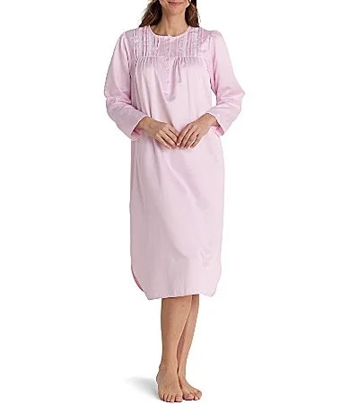Solid Long Sleeve Round Neck Brushed Back Satin Nightgown by Miss Elaine