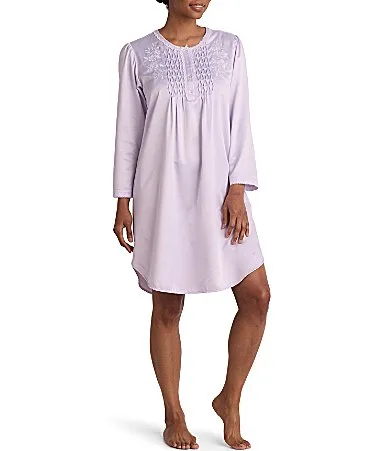 Round Neck Long Sleeve Brushed Back Satin Short Nightgown by Miss Elaine