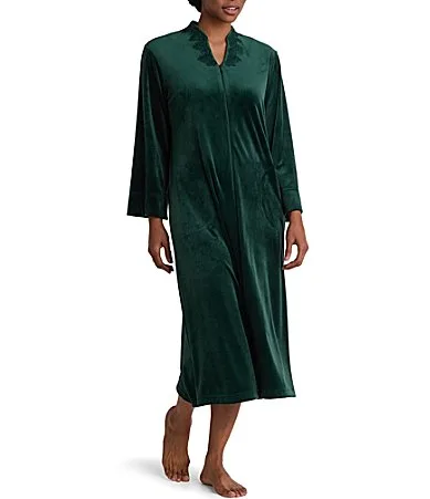 Solid Luxe Fleece Long V-Neck Zip-Front Robe by Miss Elaine