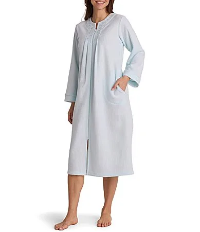 Solid Long Sleeve Round Neck Brushed Back Terry Knit Long Zip Robe by Miss Elaine