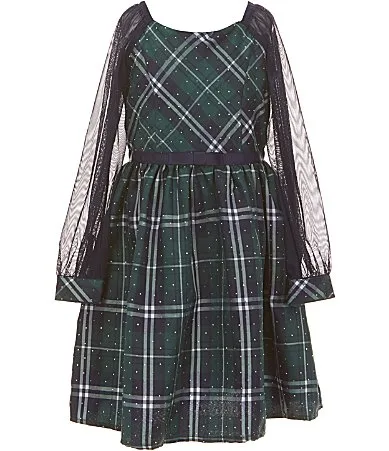 Mesh Long Sleeve Plaid Dress by Xtraordinary