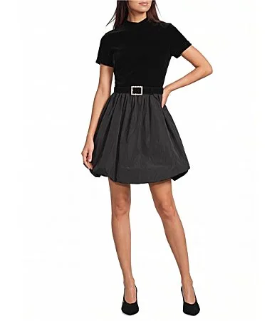 Velvet Mock Neck Bubble Hem A-Line Mini Dress by Karl Lagerfeld