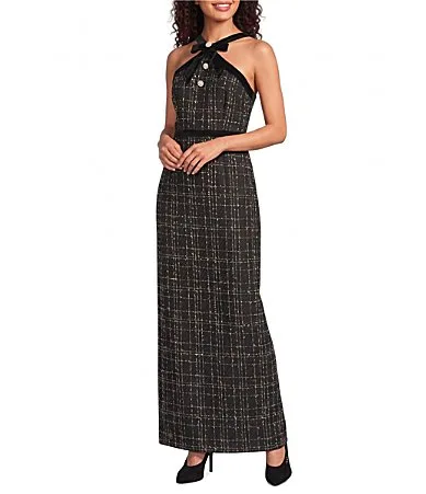 Halter Neck Sleeveless Tweed Sheath Long Dress by Karl Lagerfeld