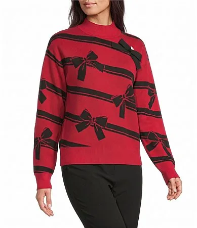 Stripe Bow Mock Neck Knit Sweater by Karl Lagerfeld