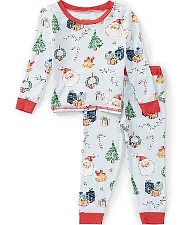 Long Sleeve Mixed Media Christmas Print Pajama Top Matching Pajama Pants Set by Mud Pie
